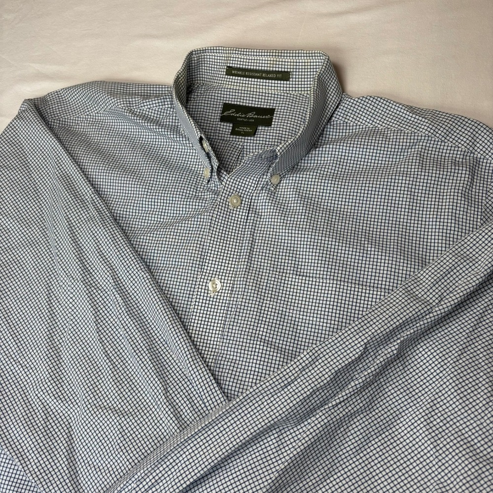 Eddie Bauer Button Down Shirt Mens XL Tall Blue White Check Relaxed Fit
